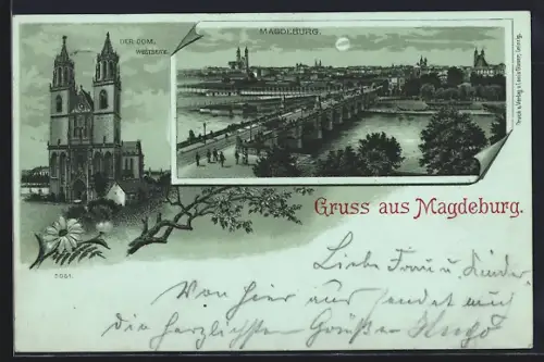 Mondschein-Lithographie Magdeburg, Teilansicht mit Brücke, Dom Westseite