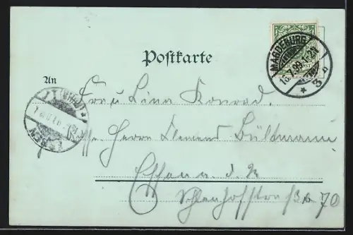 Mondschein-Lithographie Magdeburg, Teilansicht mit Brücke, Dom Westseite