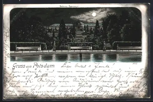 Lithographie Potsdam, Schloss Sanssouci mit Brunnen und Treppenaufgang, Terrassen
