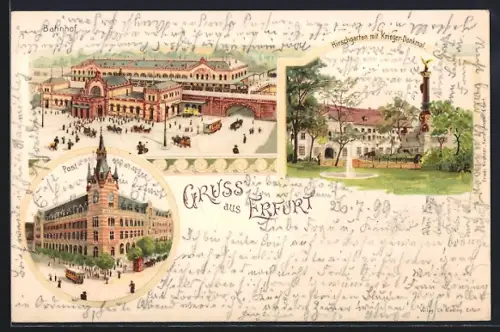 Lithographie Erfurt, Bahnhof, Post, Hirschgarten mit Krieger-Denkmal