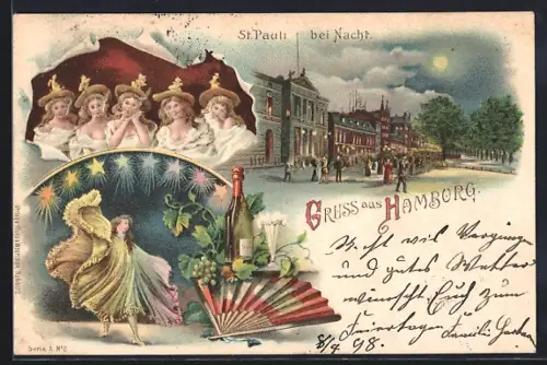 Lithographie Hamburg-St.Pauli, St. Pauli bei Nacht, Varieté, Flaniermeile