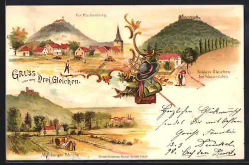 Lithographie Drei Gleichen, Wachsenburg, Schloss, Mühlberger Gleiche