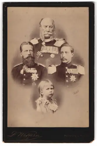 Fotografie D. Wettern, Hamburg, Kaiser Friedrich III., Wilhelm I, Wilhelm II., Kronprinz Wilhelm, vier Generationen