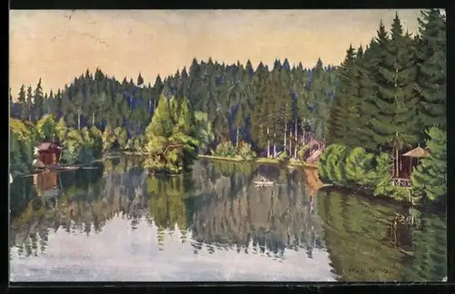 Künstler-AK Rychnov n. Kn., Ivanské jezero ve Vcelném, Dle originálu akad. Malíre Václ. Seidla