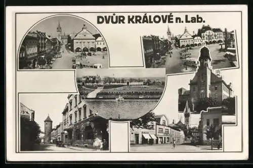 AK Dvur Králové n. Lab., Strassenpartie mit Restaurant, Rathaus, Uferpartie