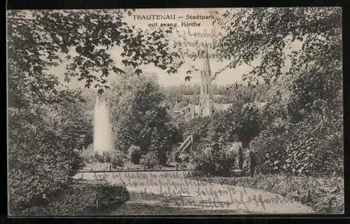 AK Trautenau-Trutnov, Stadtpark mit evangelischer Kirche