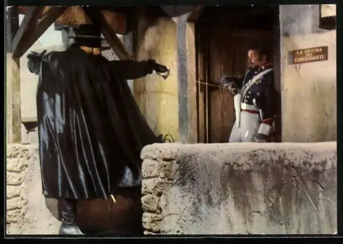AK Filmszene aus Zorro, Zorro bedroht einen Soldaten