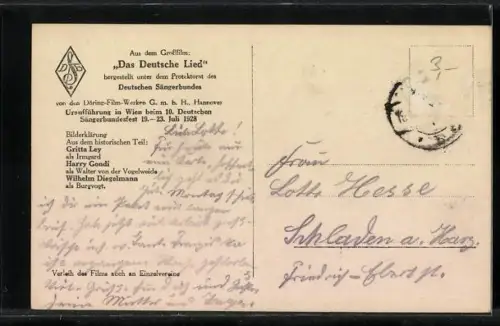 AK Das deutsche Lied, Gitta Ley mit Wilhelm Diegelmann und Harry Gondi in einer Filmszene