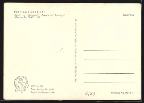 AK Schauspielerin Marle Dietrich mit Hut porträtiert