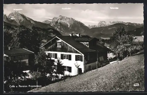 AK Oberau b. Berchtesgaden, Café und Pension Priesterstein, Watzmann, Hochkalter, Reiteralpe