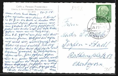 AK Oberau b. Berchtesgaden, Café und Pension Priesterstein, Watzmann, Hochkalter, Reiteralpe