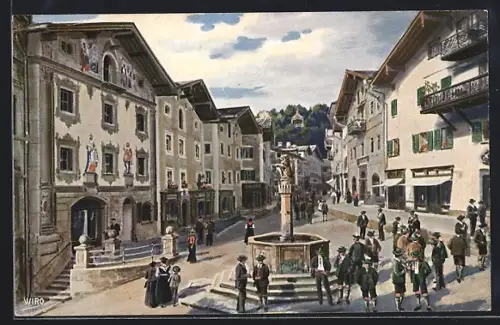 AK Berchtesgaden, Marktplatz, Brunnen, historische Gebäude, Trachtengruppe