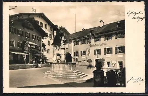 AK Berchtesgaden, Gasthof zum Neuhaus, Marktbrunnen