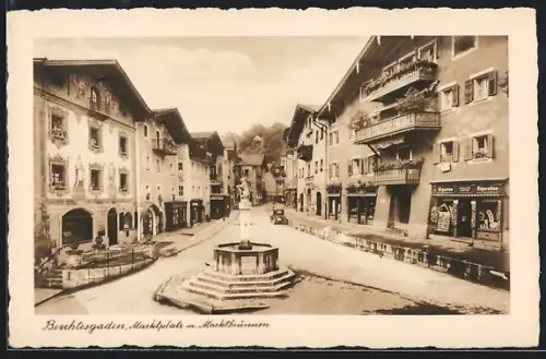 AK Berchtesgaden, Marktplatz, Marktbrunnen und Zigarettengeschäft