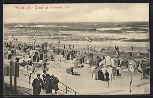 AK Wangeroog, Strand bei kommender Flut, Strandkörbe, Badegäste