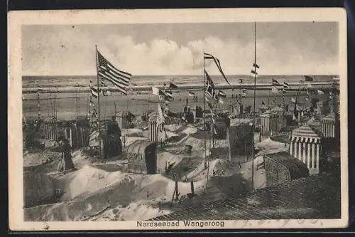 AK Wangeroog, Strand mit Strandkörben und Flaggen
