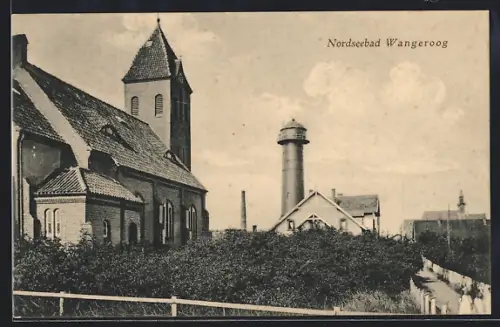 AK Wangeroog, Partie mit Kirche und Leuchtturm