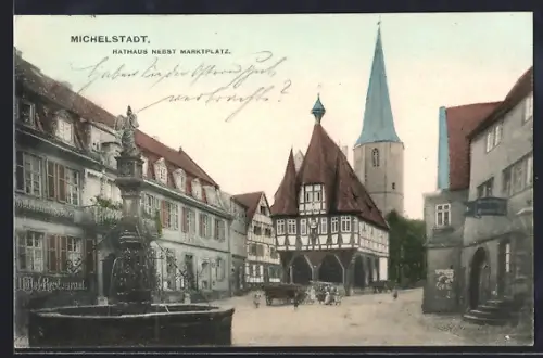 AK Michelstadt, Rathaus nebst Marktplatz