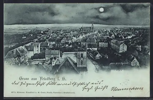 Mondschein-AK Friedberg i. B., Ortsansicht aus der Vogelschau