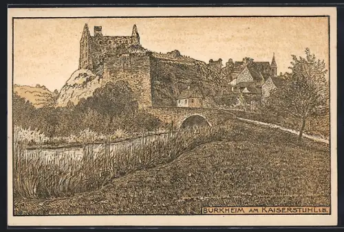 Künstler-AK Burkheim am Kaiserstuhl, Ortspartie mit Ruine