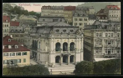 AK Karlsbad, Totalansicht des Theaters aus der Vogelschau