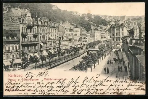 AK Karlsbad, Kreuz- und Sprudelgasse, Mühlbrunnen Quai