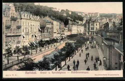 AK Karlsbad, Kreuz- und Sprudelgasse Mühlbrunnenquai