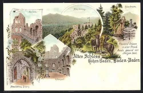 Lithographie Baden-Baden, Altes Schloss Hohen-Baden, Felsenbrücke, Rittersaal, Galerie