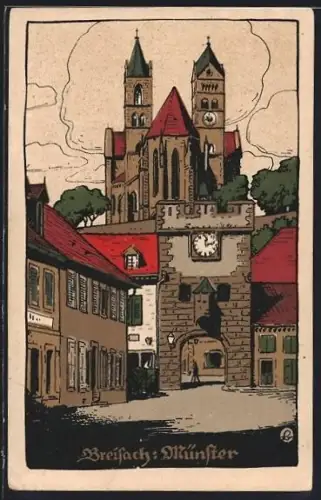 Steindruck-AK Breisach, Blick zum Münster
