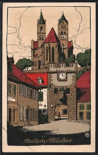 Steindruck-AK Breisach, Blick zum Münster