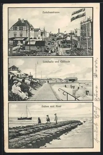 AK Wangerooge, Zedeliusstrasse, Lesehalle und Giftbude, Buhne und Meer