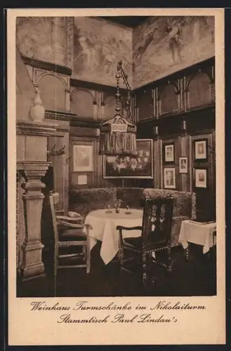 AK Eisenach, Gasthaus Turmschänke im Nikolaiturm, Stammtisch Paul Lindau`s, Innenansicht