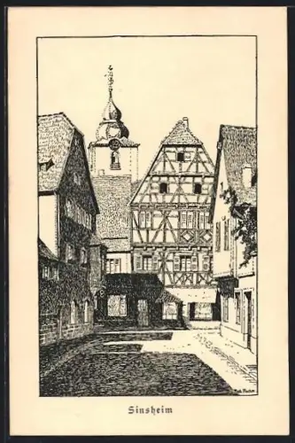 Künstler-AK Sinsheim, Strassenpartie mit Fachwerkhaus