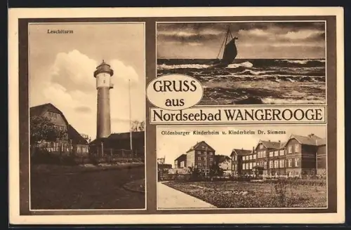 AK Wangerooge, Nordseebad, Oldenburger Kinderheim und Kinderheim Dr. Siemens, Leuchtturm, Segelboot