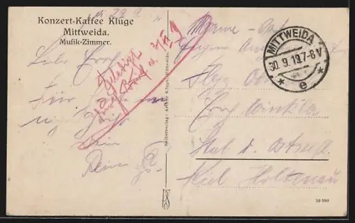 AK Mittweida, Konzert-Cafe Kluge, Musik-Zimmer, Innenansicht