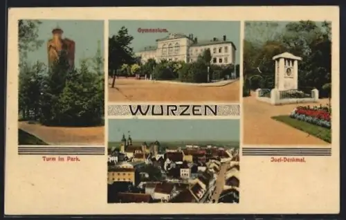 AK Wurzen, Gymnasium, Turm im Park, Juel-Denkmal