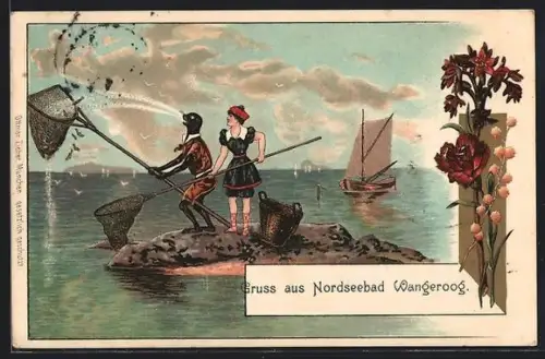 Lithographie Wangeroog, Frau im Badekostüm und Seehund in Kleidung fischen mit Keschern