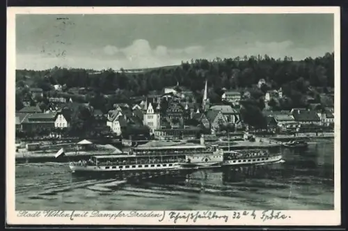 AK Wehlen / Sächs. Schweiz, Teilansicht mit Dampfer MS Dresden auf der Elbe