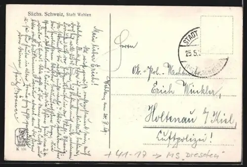 AK Wehlen / Sächs. Schweiz, Teilansicht mit Dampfer MS Dresden auf der Elbe