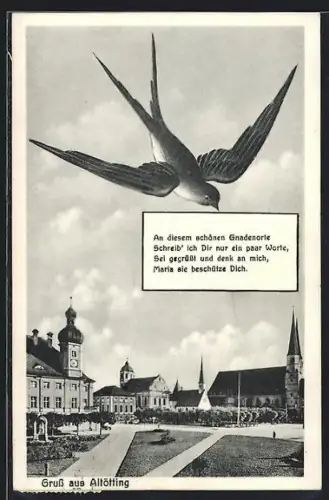 AK Altötting, Strassenpartie mit Kirche und Schwalbe