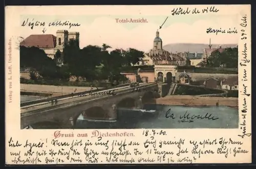 AK Diedenhofen, Moselpartie mit Blick zum Rathaus