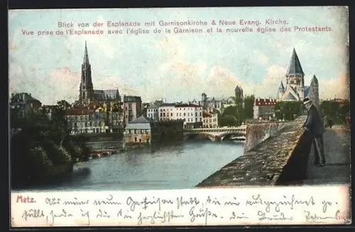 AK Metz, Vue prise de l`Esplanade avec l`église de la Garnison et la nouvelle église des Protestants