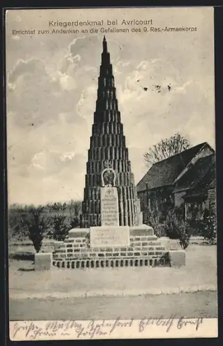 AK Avricourt, Kriegerdenkmal zum Gedenken der Gefallenen des 9. Res. Armeekorps