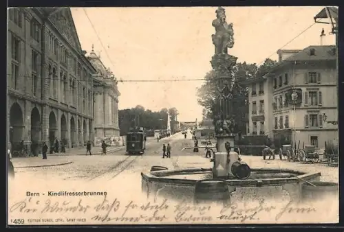 AK Bern, Kindlifresserbrunnen mit Strassenbahn