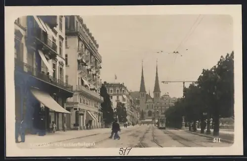 AK Luzern, Strassenbahn am Schweizerhofquai
