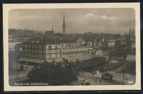 AK Zürich, Bahnhofplatz mit Strassenbahn
