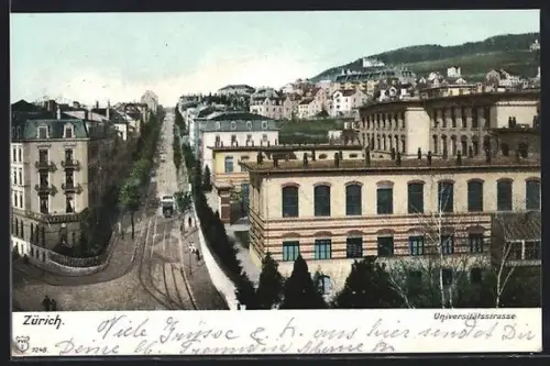 AK Zürich, Universitätsstrasse mit Strassenbahn
