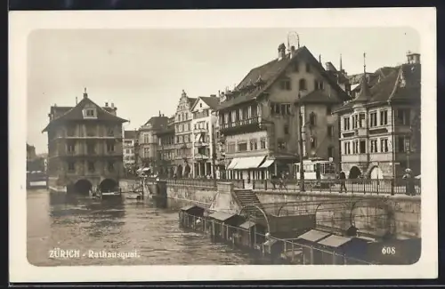 AK Zürich, Rathausquai mit Strassenbahn