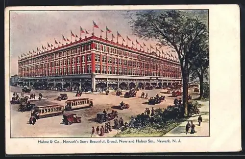AK Newark, NJ, Hahne & Co., New and Halsey Sts., Strassenbahn