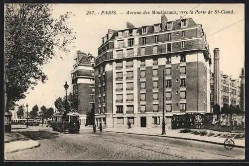 AK Paris, Avenue des Moulineaux, vers la Porte de St-Cloud, Strassenbahn